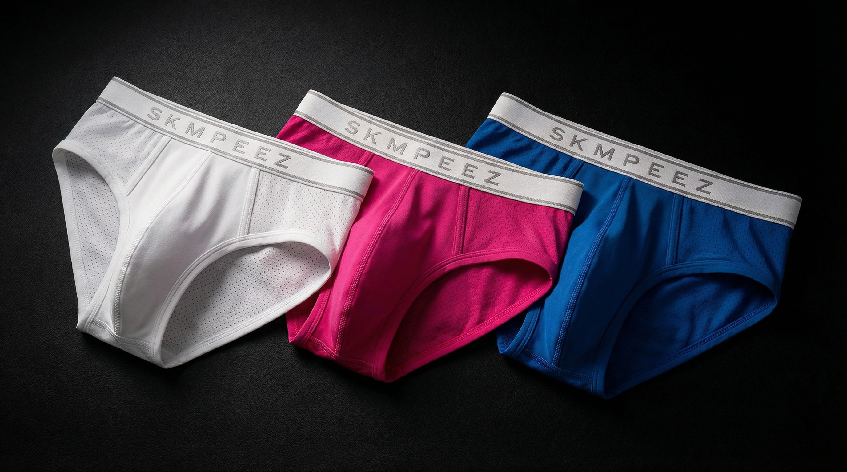 Three SKMPEEZ Signature Collection micro mesh briefs in white, pink and blue on a neutral background